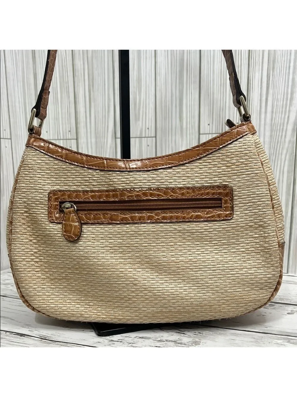 Liz Claiborne Boho Y2K Woven Straw Shoulder Bag Beige with Brown Faux Croc Trim